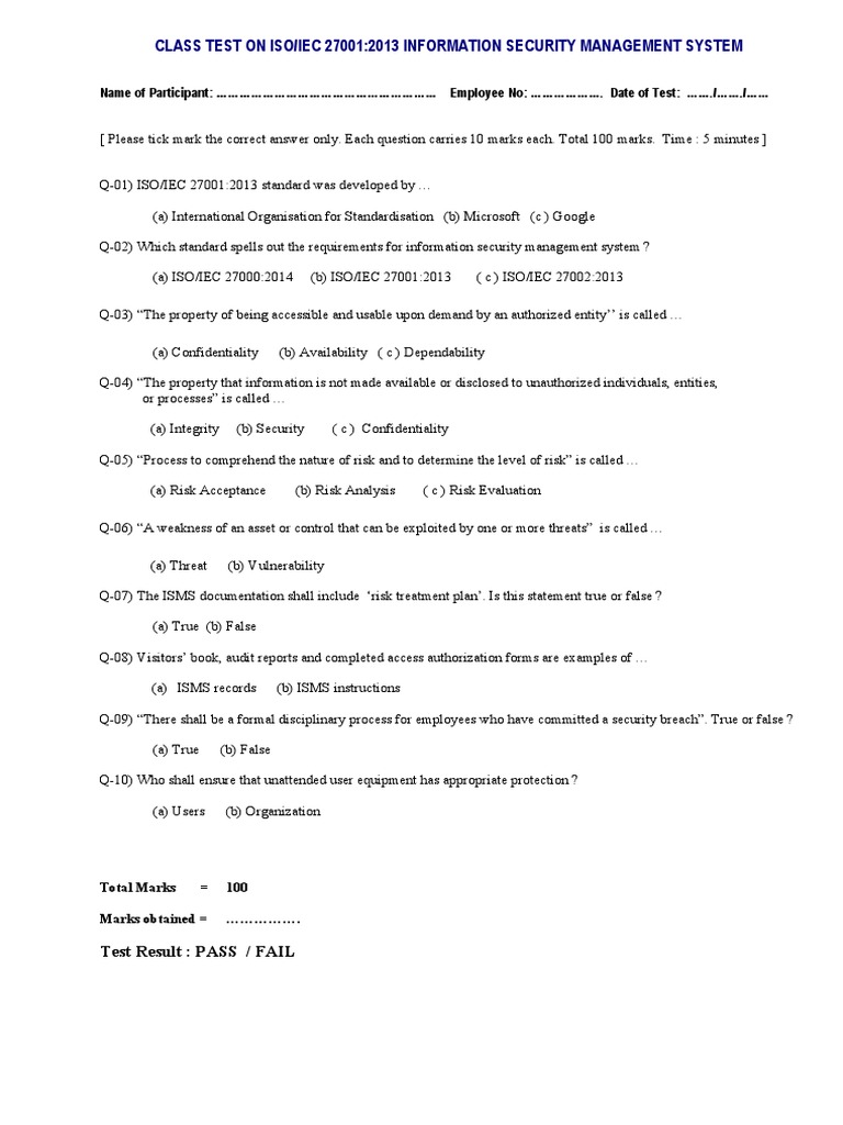 ISO/IEC 27001 Class Test Questions | PDF | Computers