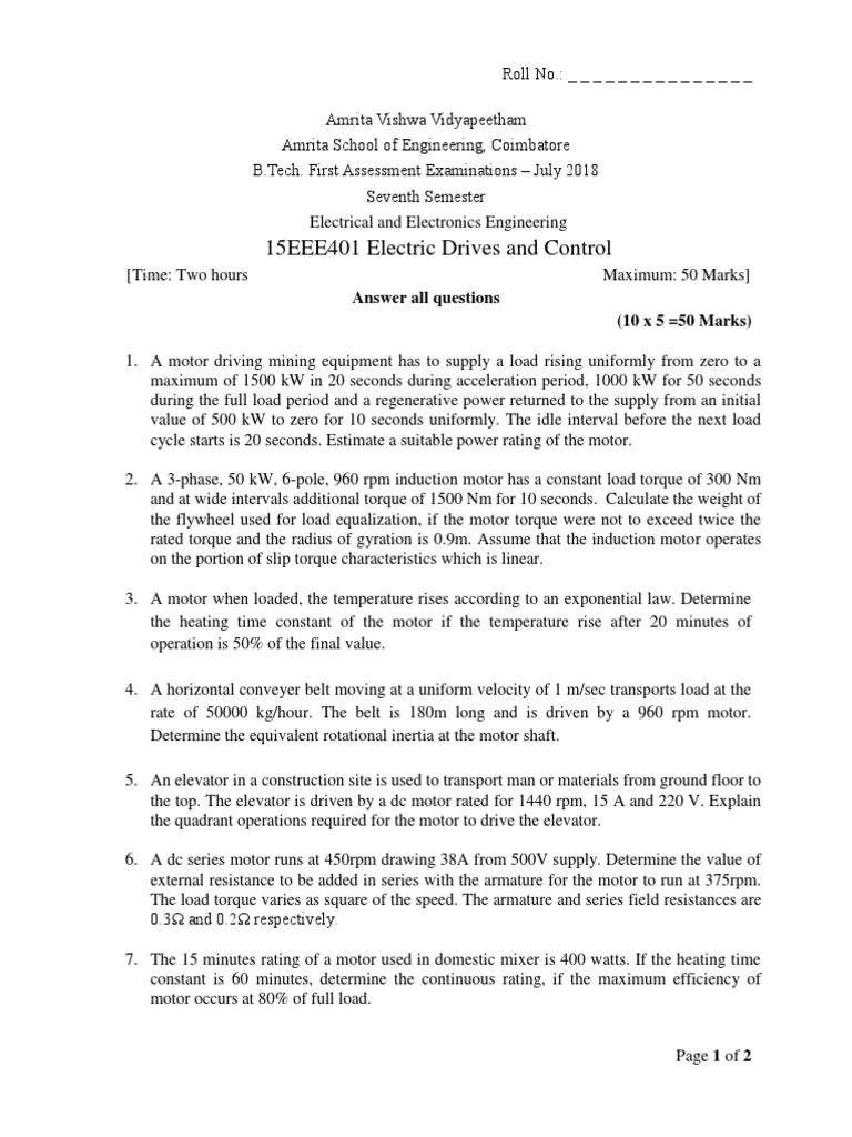 15EEE401 Electric Drives and Control Answer All Questions (10 X 5 50