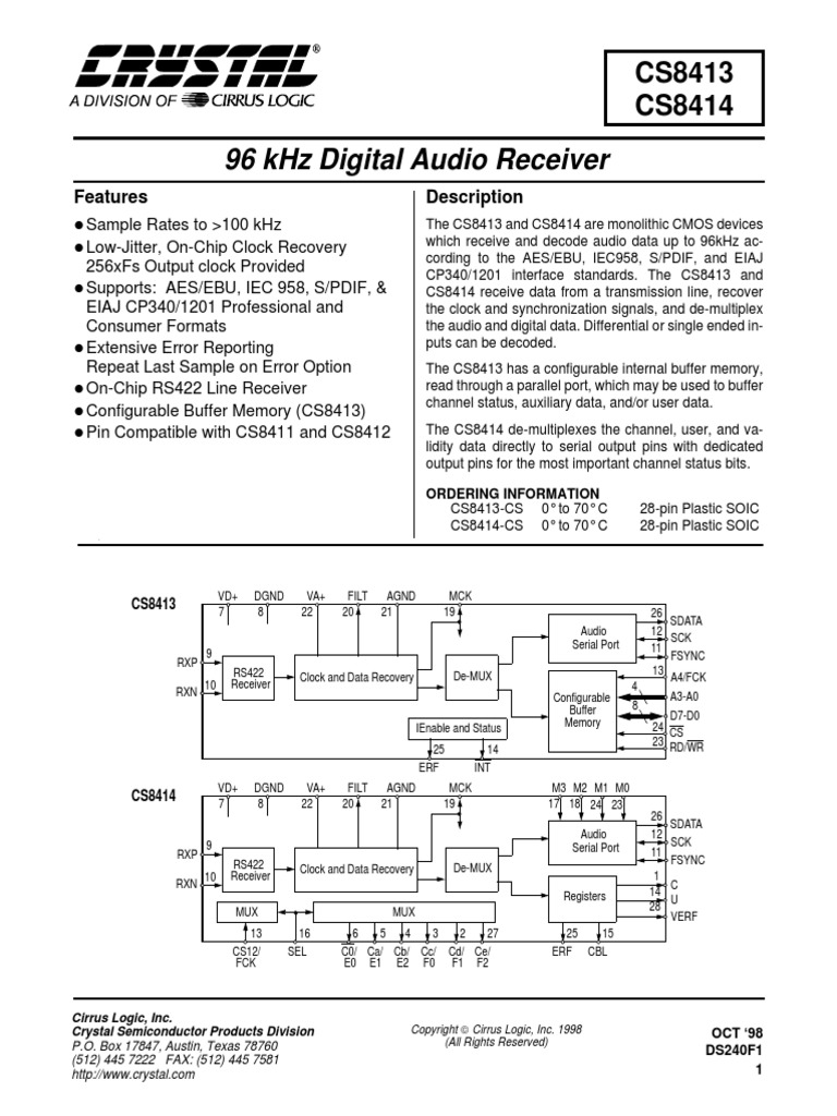 96 KHZ Digital Audio Receiver: Cs8413 Cs8414 | PDF | Electronic ...