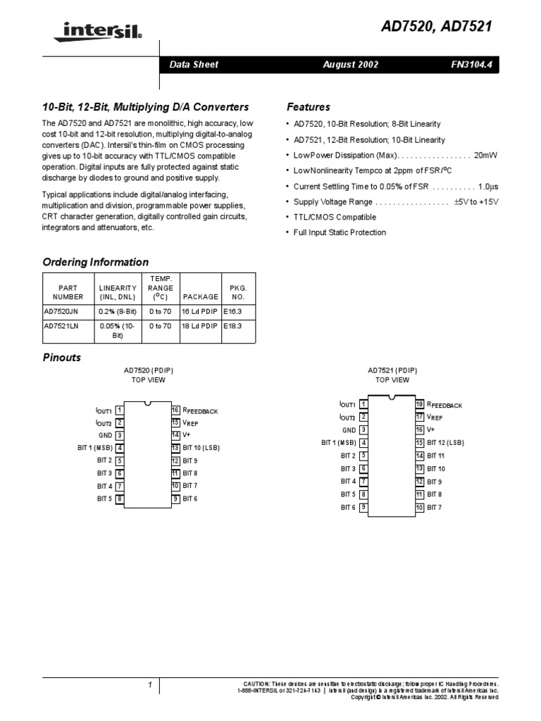 AD7520, AD7521: 10-Bit, 12-Bit, Multiplying D/A Converters Features ...