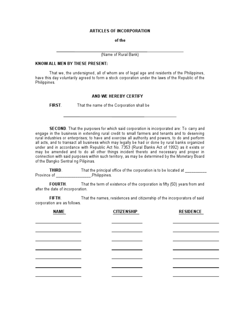 Articles of Incorporation of The PDF Preferred Stock Board Of