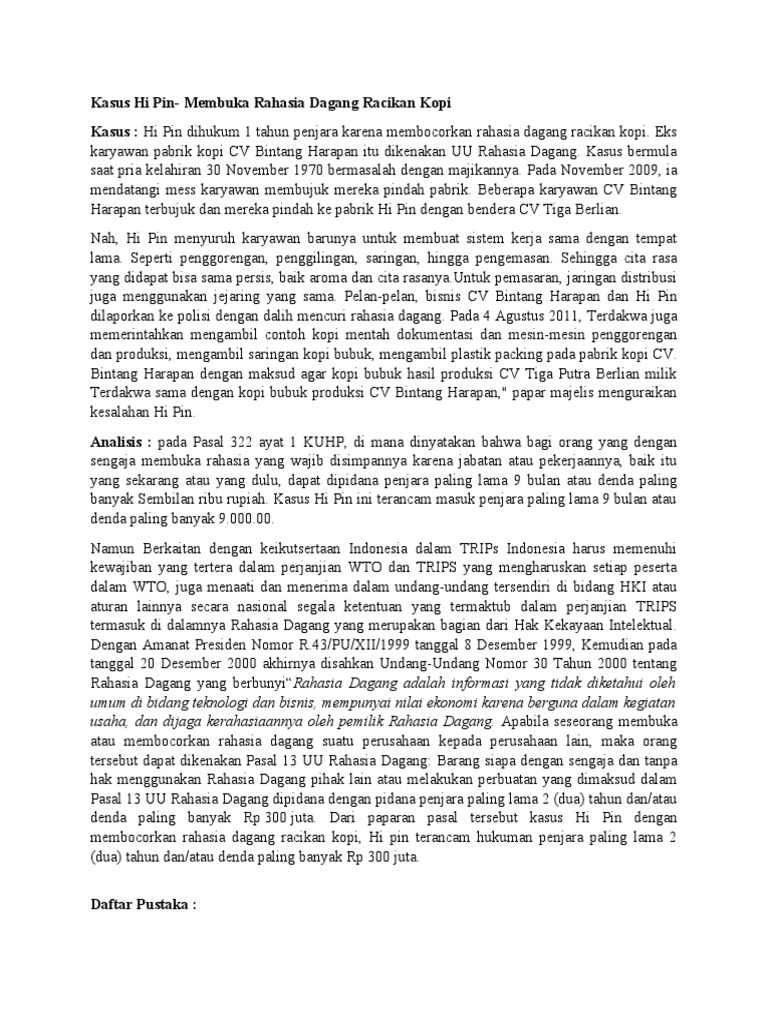 Kasus Hi Pin Membuka Rahasia Dagang Racikan Kopi PDF Politik Hukum