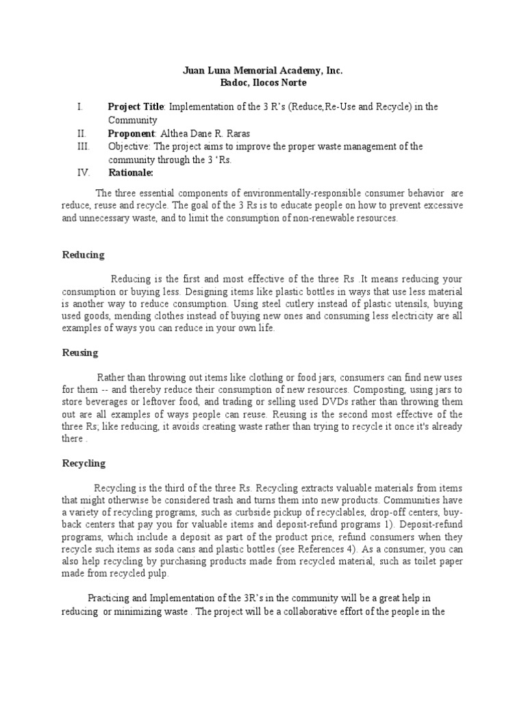 3 R's Project for Community Waste Management | PDF | Recycling | Reuse