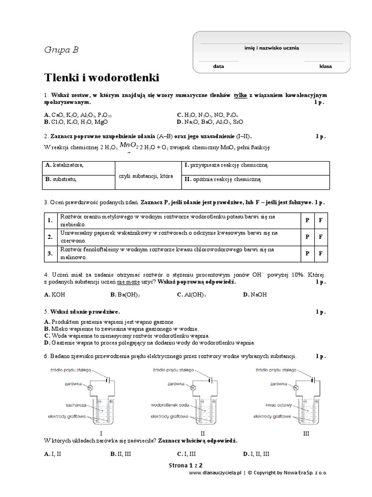 Tlenki I Wodorotlenki Sprawdzian Klasa 7