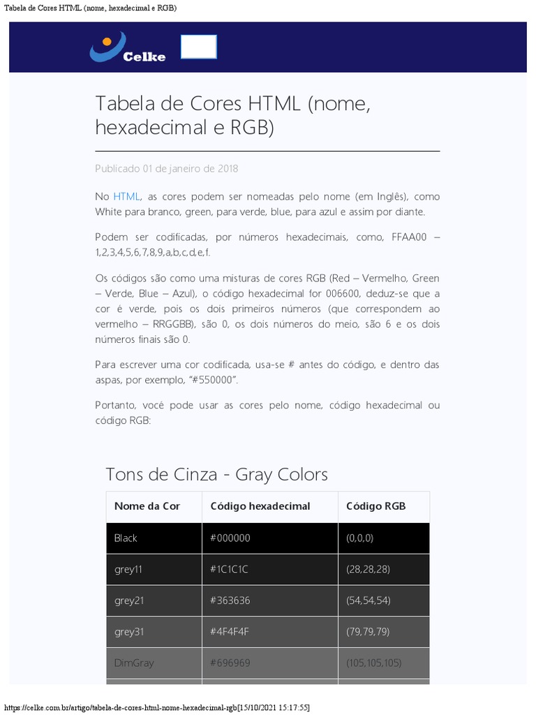 Tabela de Cores HTML (Nome, Hexadecimal e RGB) | PDF | Modelo de cores ...