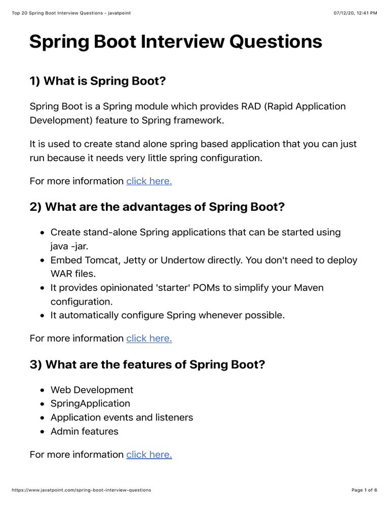 Top 20 Spring Boot Interview Questions - Javatpoint | PDF | Spring  Framework | Information Technology