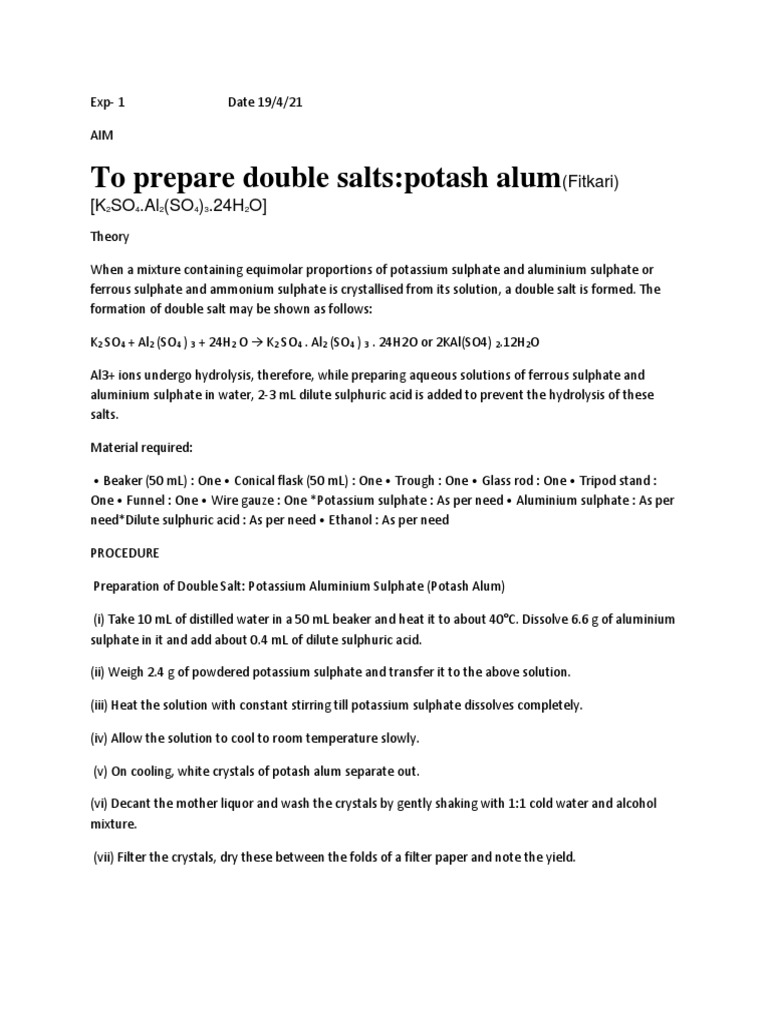 Chemistry practical exp 1 preparation of potash alum crystals pdf