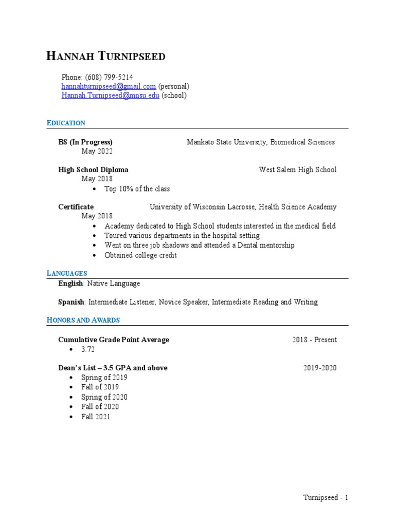 Hannah Turnipseed CV 1 Download Free PDF Dentistry Medical
