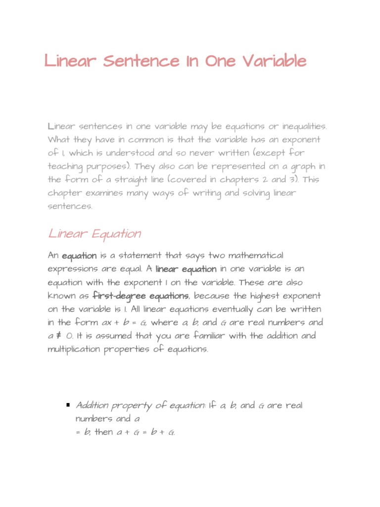 Linear Sentence in One Variable PDF