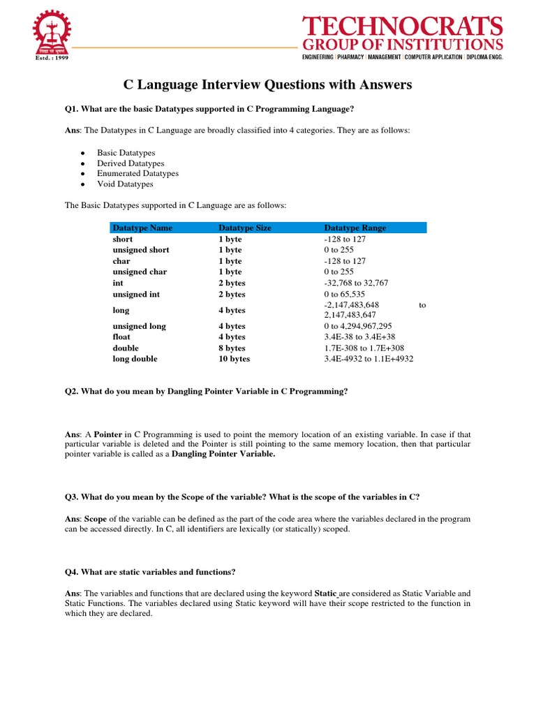 C Language Interview Questions With Answers | PDF | Pointer (Computer ...