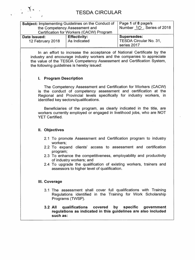 TESDA's CACW Program Guidelines | PDF | Economies