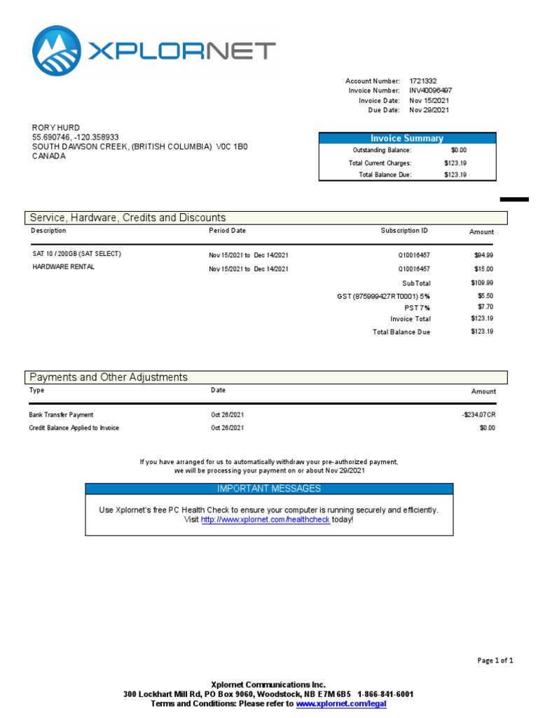 Xplornet Invoice Summary Nov 2021 | PDF | Invoice | Banking