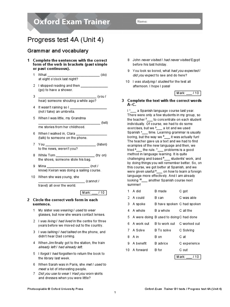 OET B1 Progress Test Unit 4 A + B | PDF | Teachers | Clothing