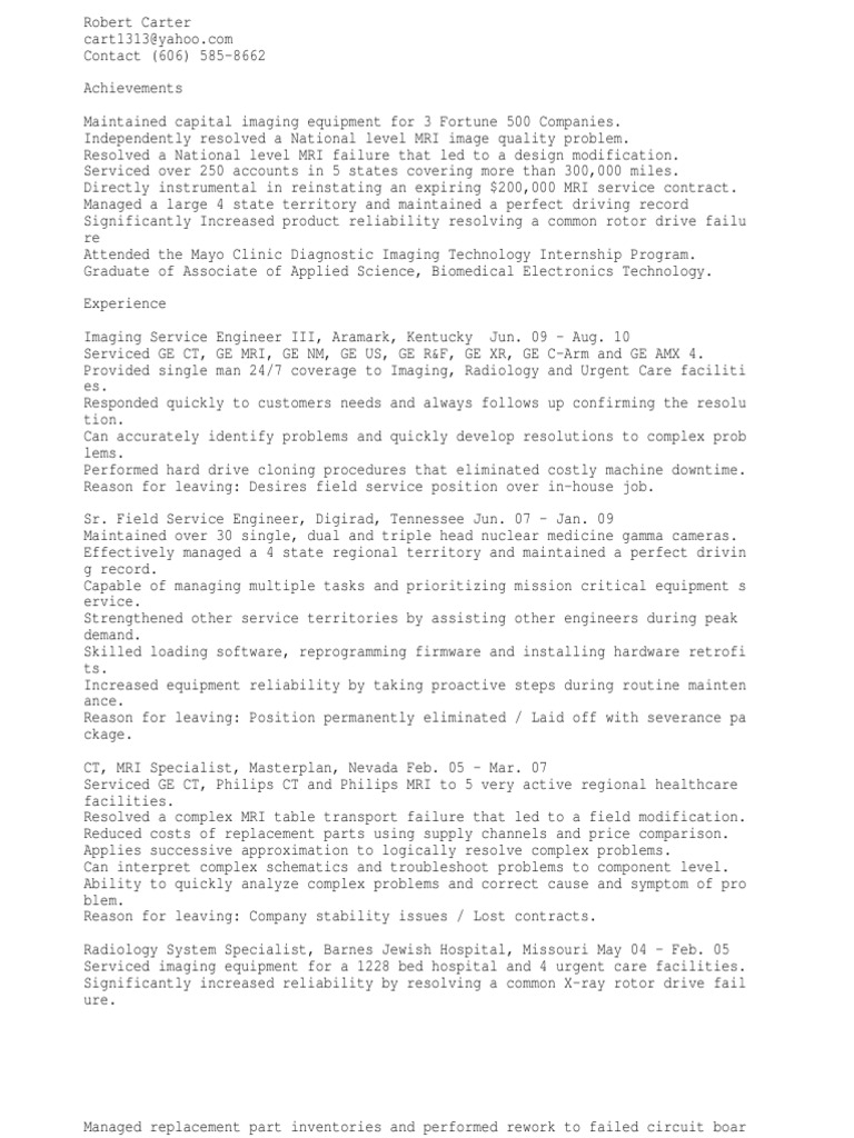 CT MRI Field Service Engineer PDF Medical Imaging Resonance Imaging