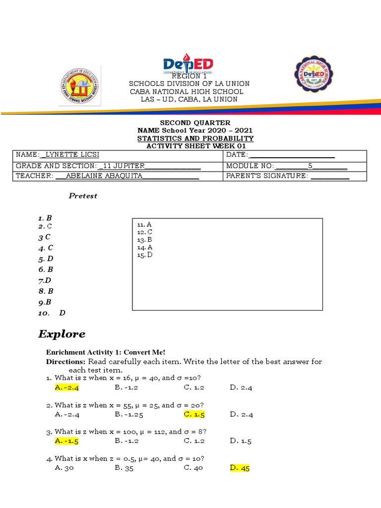 Answer Sheet Stat and Prob Mod5 | PDF | Normal Distribution | Errors ...