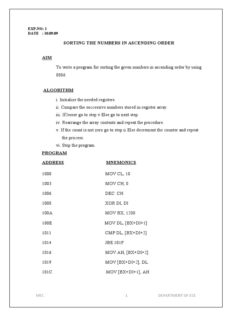 Sorting The Numbers in Ascending Order AIM: EXP - NO: 1 DATE: 10.09.09 ...
