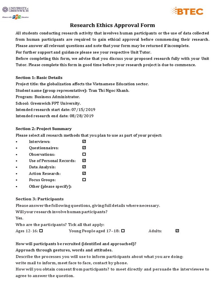 2 - Research Ethic Form - KHANHTTN | PDF | Informed Consent | Interview