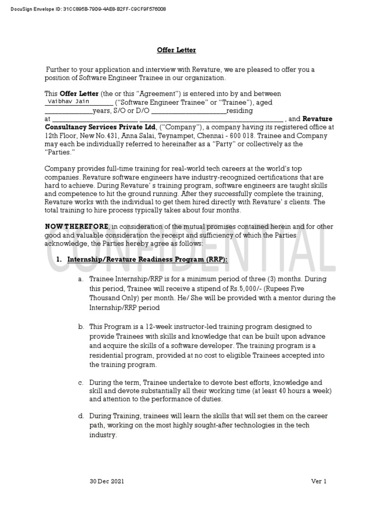 Offer Letter: Vaibhav Jain | PDF | Indemnity | Civil Law (Legal System)