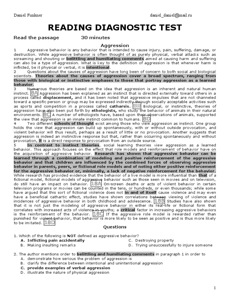 Reading Diagnostic Test Read The Passage 30 Minutes Aggression PDF