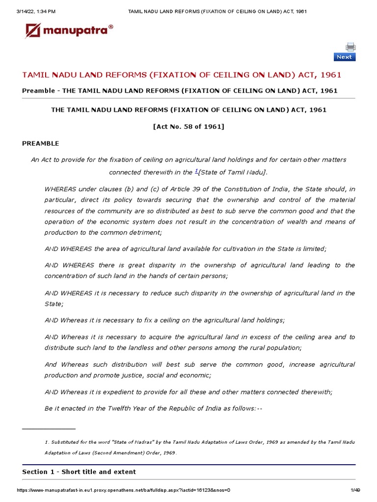 Tamil Nadu Land Reforms (Fixation of Ceiling On Land) Act, 1961 PDF