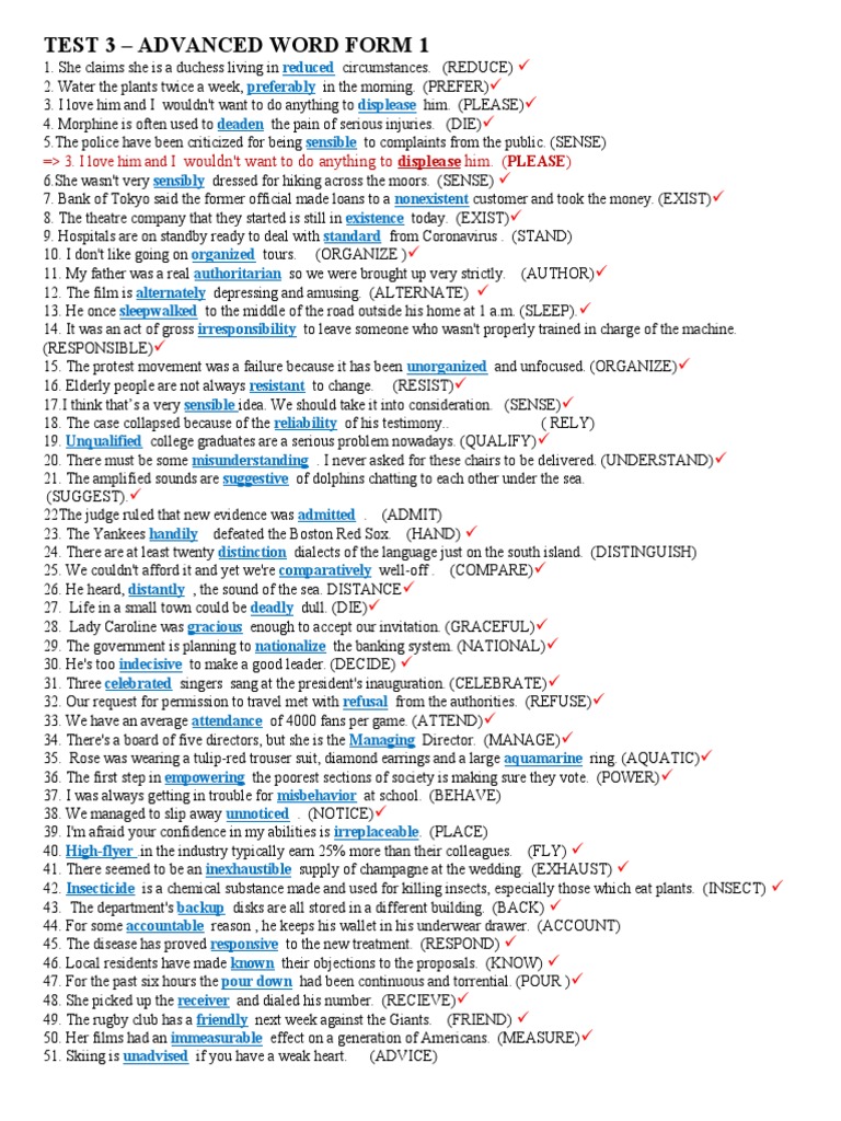 Advanced Word Form Exercises | PDF