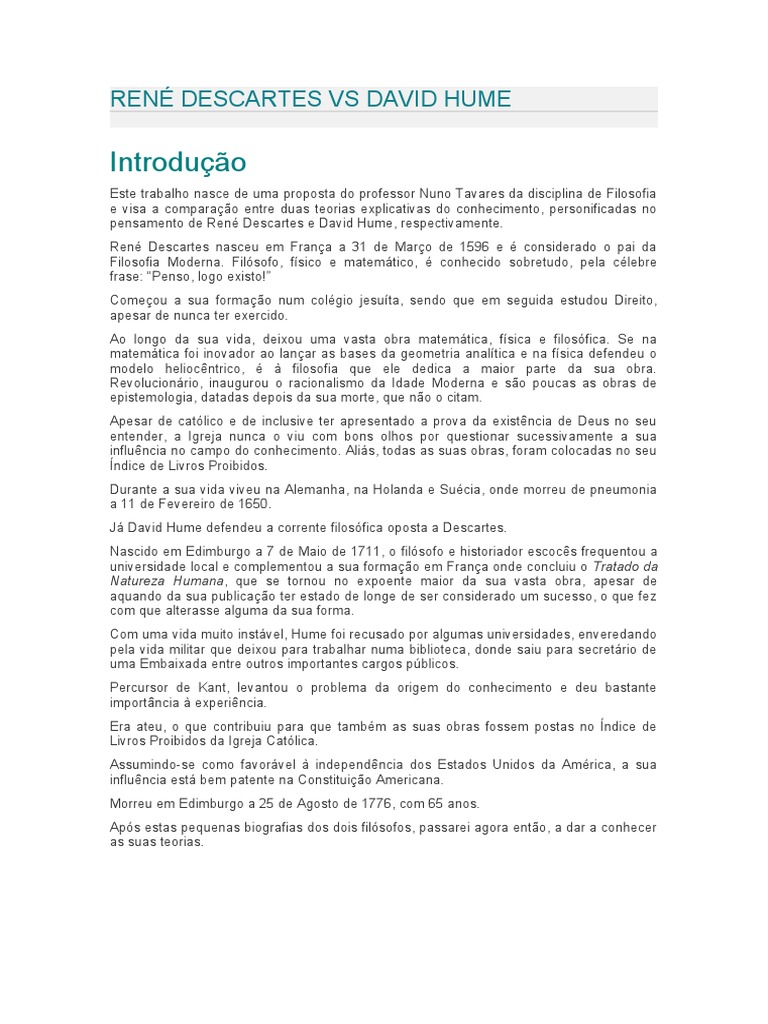 René Descartes VS David Hume PDF David Hume Conhecimento