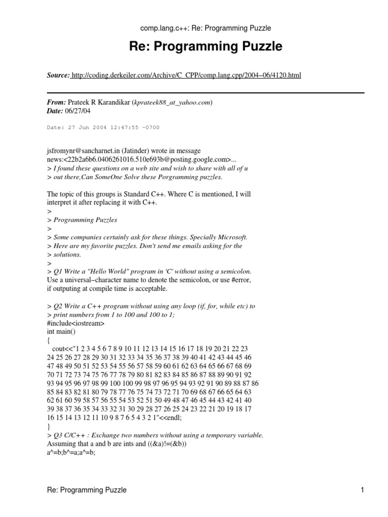 Comp - Lang.c++: Re: Programming Puzzle | PDF | Array Data Structure ...