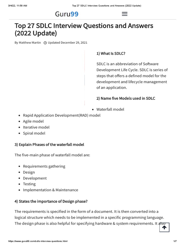 Top 27 SDLC Interview Questions and Answers (2022 Update) | PDF
