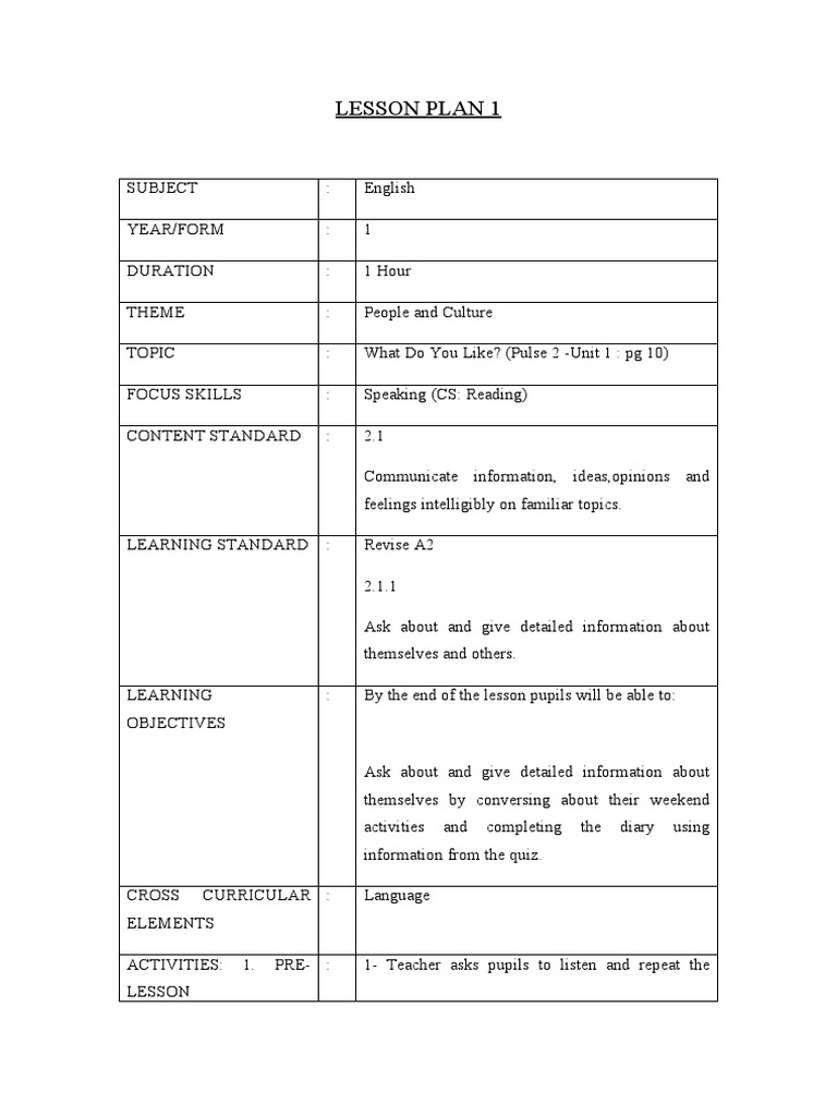 Pulse 2 English Lesson Plans for Form 1 | PDF | Lesson Plan | Curriculum