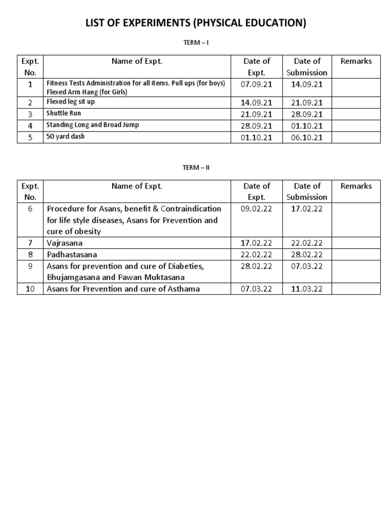 LIST OF EXPERIMENTS - Physical Education | PDF