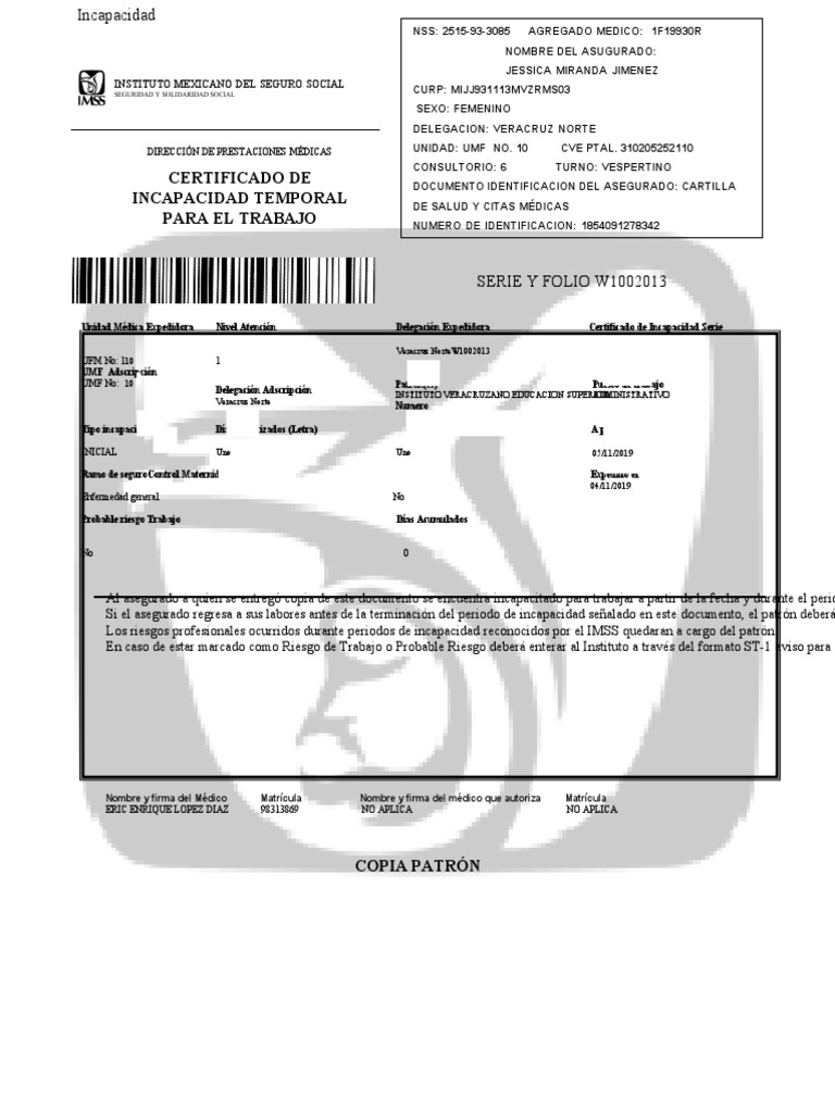 Certificado de Incapacidad IMSS | PDF | Ciencias de la Salud