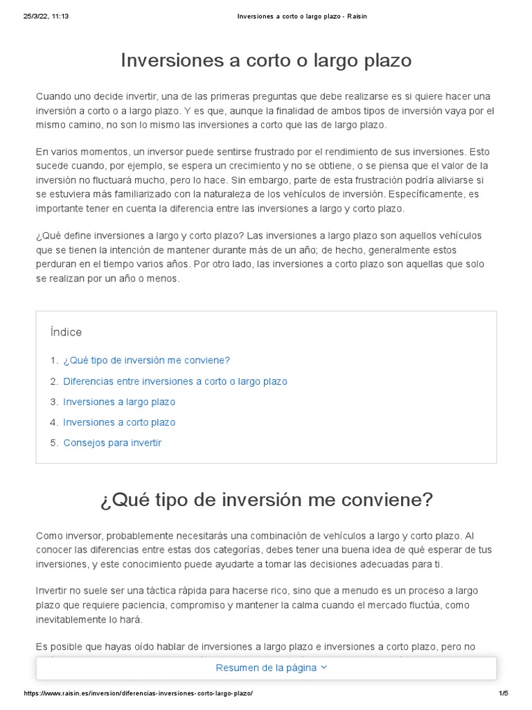 Inversiones A Corto o Largo Plazo - Raisin | PDF | Bancos | Inversiones