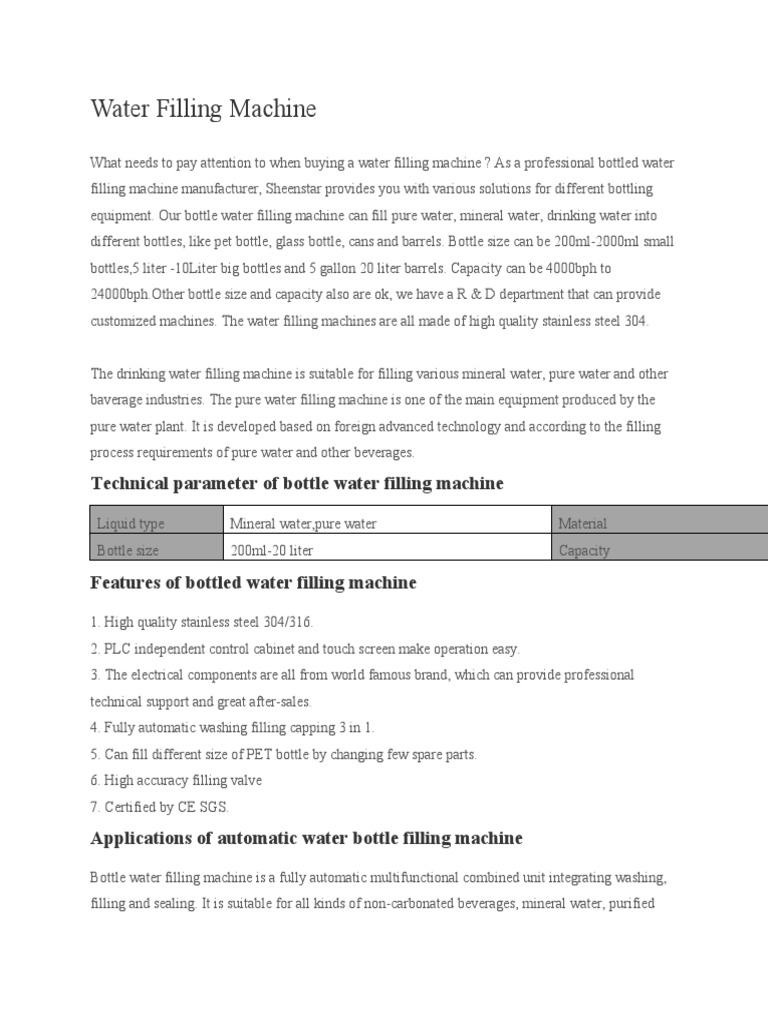 Water Filling Machine PDF Water Liquids