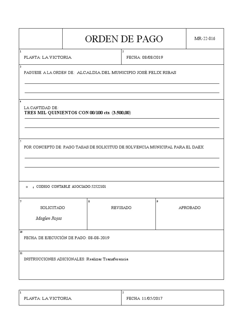 Formato Orden de Pago | PDF