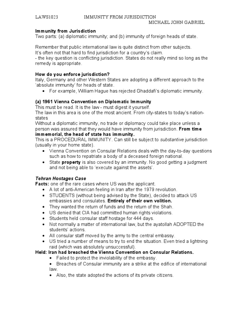 Lecture 8 Notes Immunity From Jurisdiction PDF Sovereign Immunity