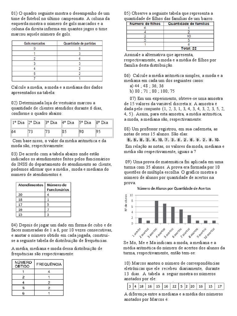 Exercícios de Média, Moda e Mediana | PDF | Modo (Estatística) | Média