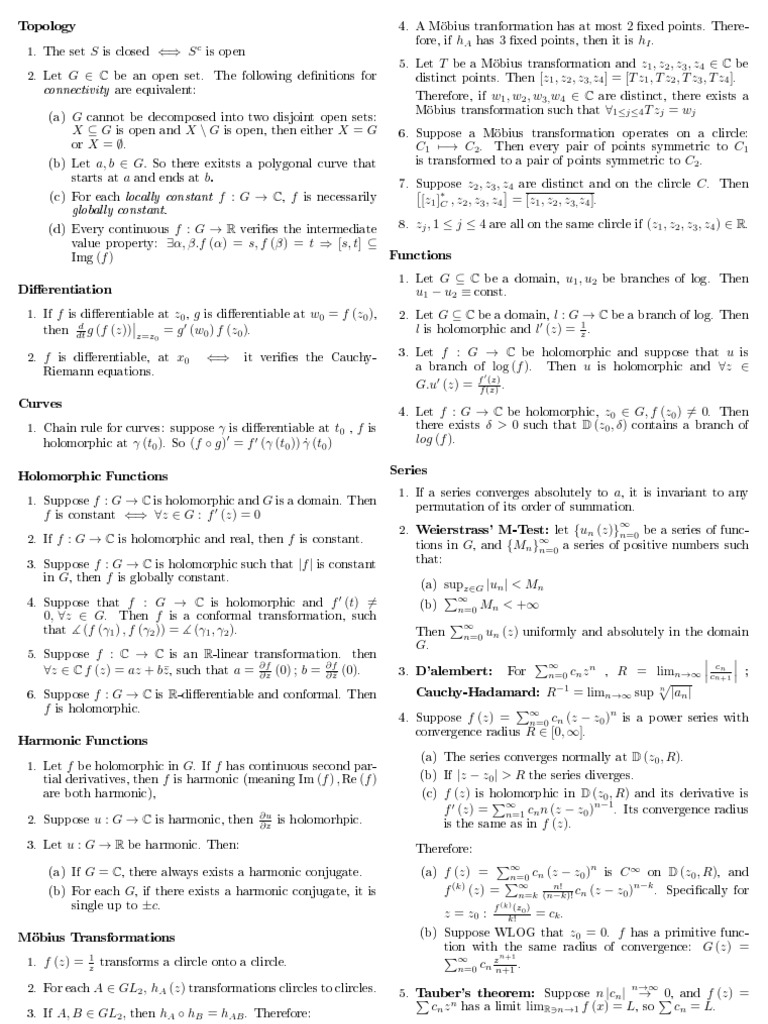 Complex Analysis Theorem Cheatsheet Midterm Holomorphic Function Complex Analysis