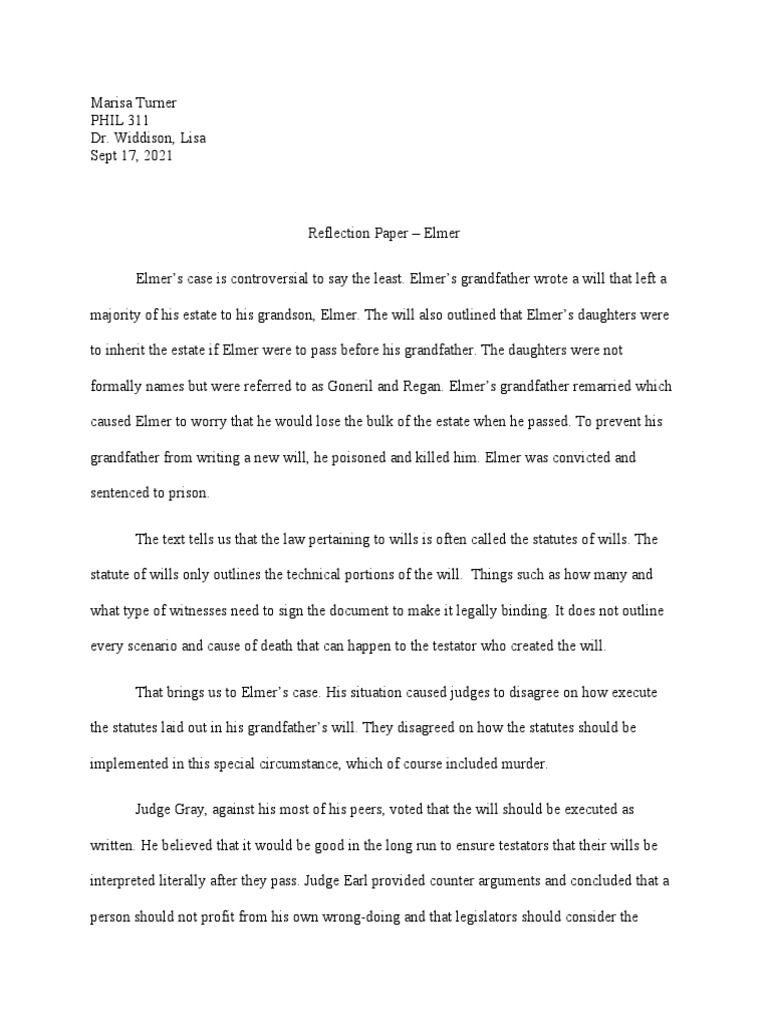 Refection Paper Elmer (Riggs Vs Palmer PDF Will And Testament Justice