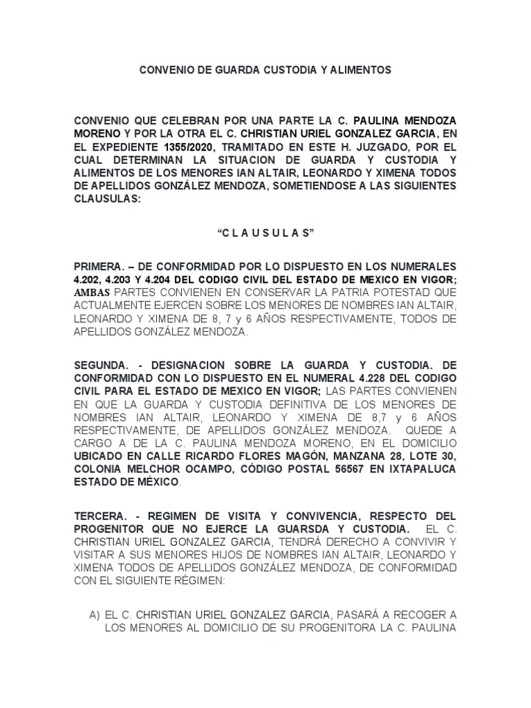 Convenio de Guarda Custodia y Alimentos | PDF | Pensión alimenticia