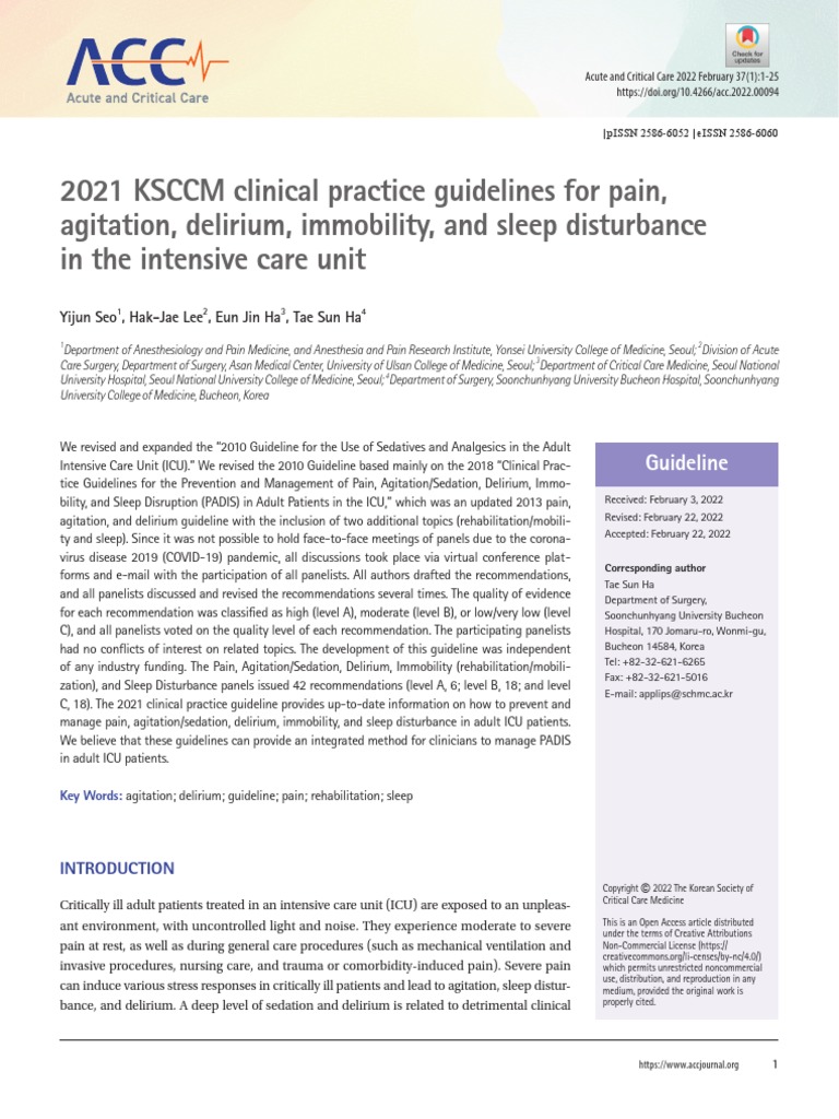2021 KSCCM Clinical Practice Guidelines For Pain, Agitation, Delirium
