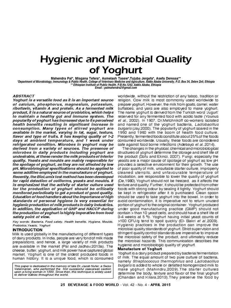 Hygienic Quality Control of Yoghurt | PDF | Yogurt | Milk