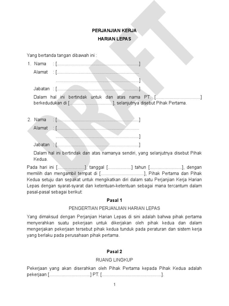 Surat Perjanjian Kerja Harian Lepas Contoh Surat Perjanjian Kerja Karyawan Full Time.