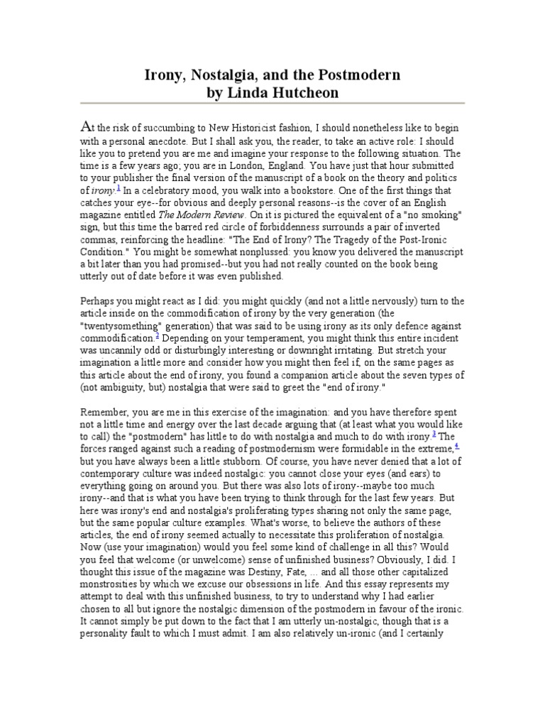Irony, Nostalgia and The Postmodern (Linda Hutcheon) PDF Nostalgia Irony