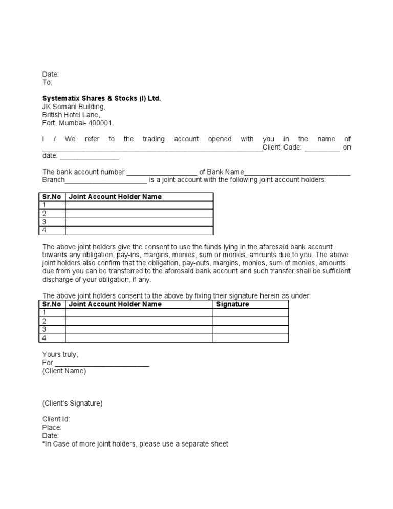 Joint Holder Consent Letter