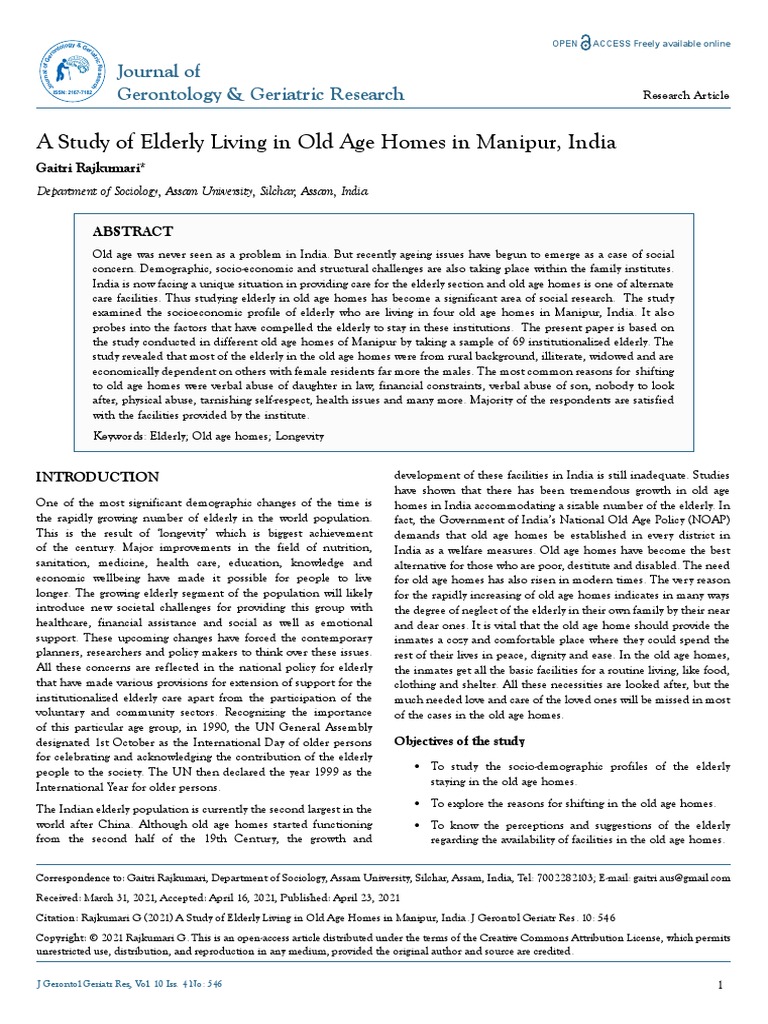 A Study of Elderly Living in Old Age Homes in Manipur India | PDF ...