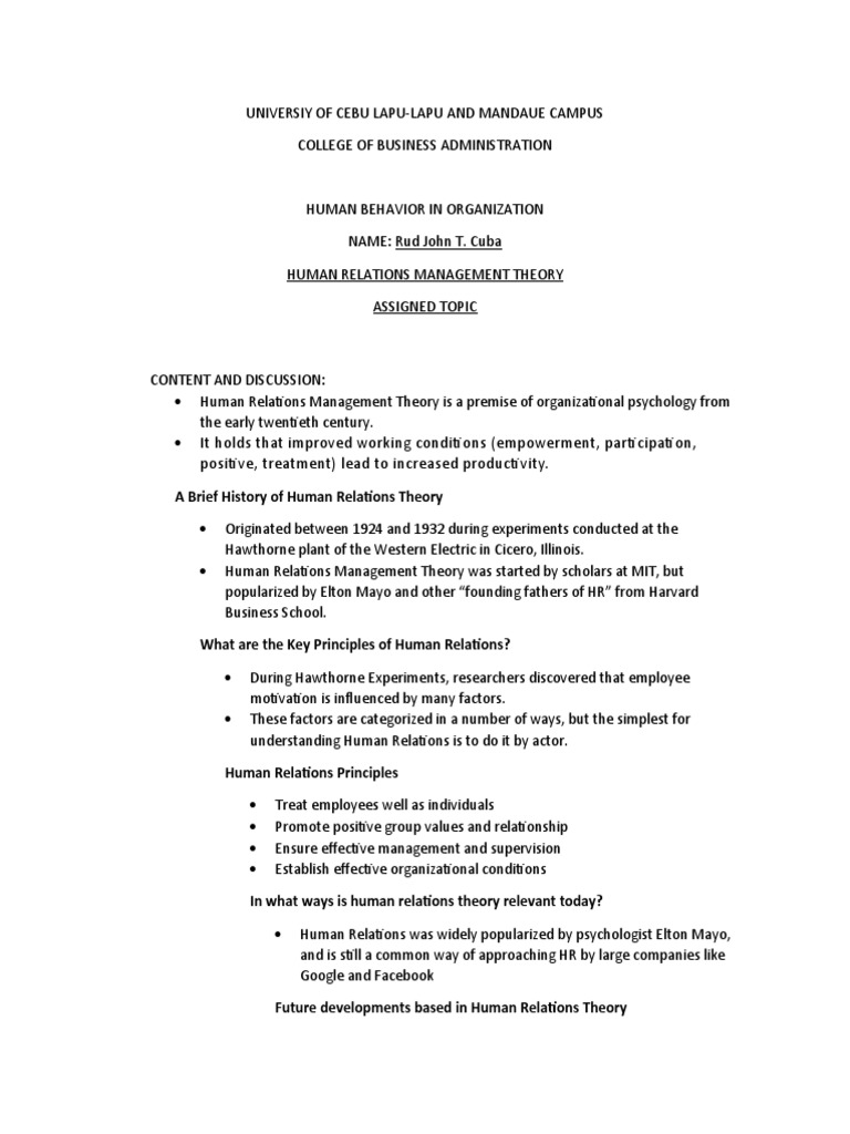 Human Relations Management Theory Pdf Psychology Industrial And