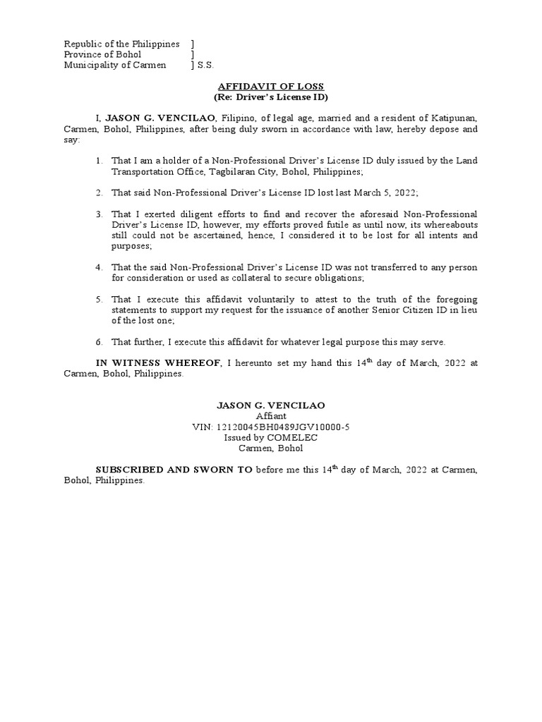 Loss NON-PROOF DRIVER'S LICENSE - VENCILAO | PDF | Law