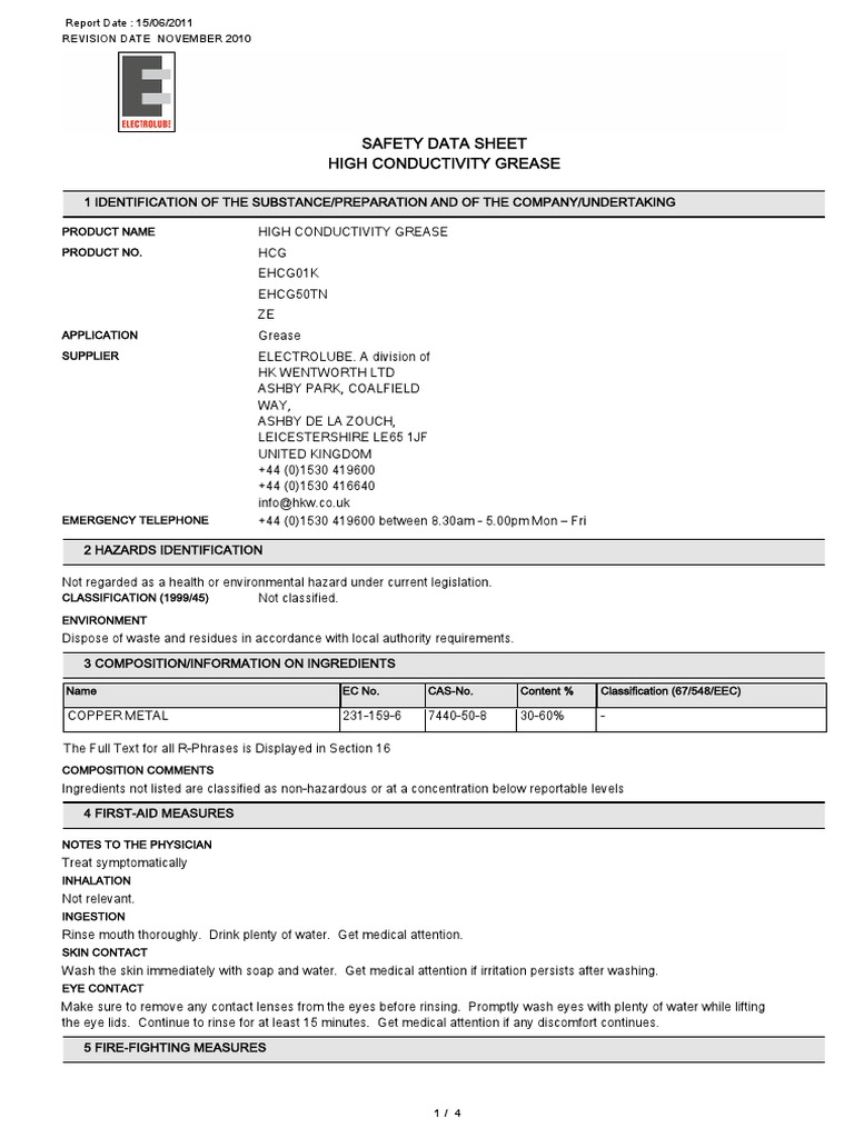 MSDS ELECTROLUBE HCG Highly Conductive Grease Eng PDF Occupational