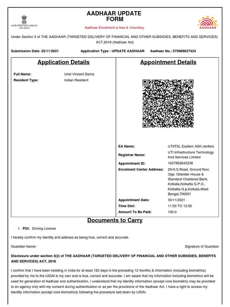 Aadhaar Update Application Form | PDF | Identity Document | Government