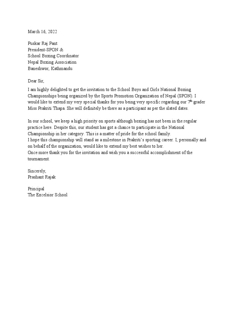 School Boxing Championship Participation Confirmation | PDF | Sports ...